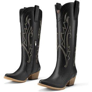 Women's Cowgirl Boots Embroidered Knee-High Western Boots Pointy Toe Black